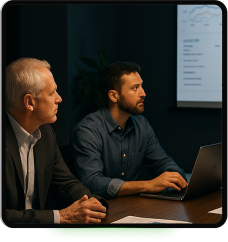 Enterprise leaders aligning on CRM and AI automation strategy during a MarQ software delivery sprint