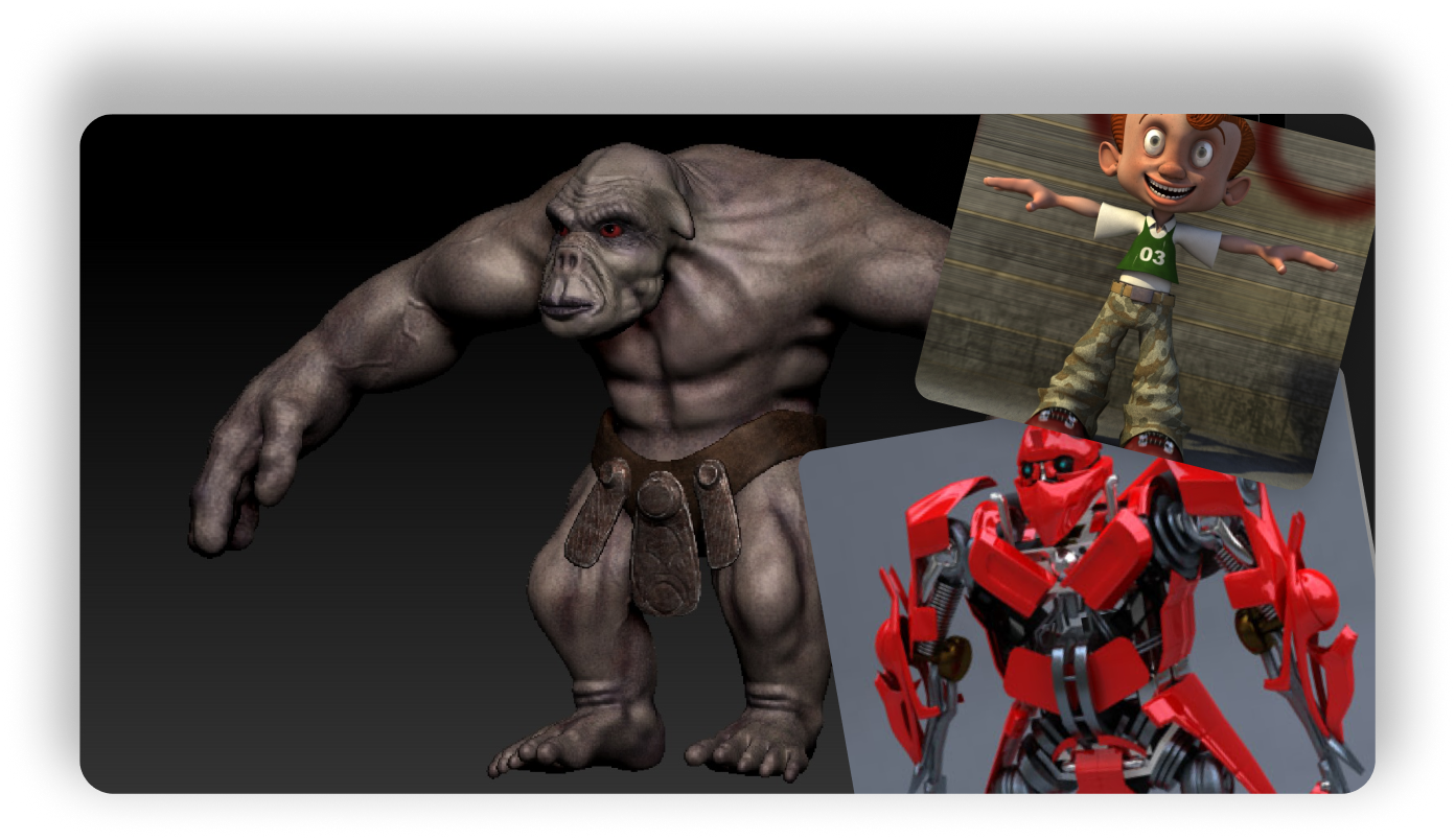 3D character modeling showcase featuring a muscular troll-like creature, a cartoon boy with red hair and green outfit, and a red robotic mech. Each model demonstrates different animation and sculpting styles for games or cinematic projects.