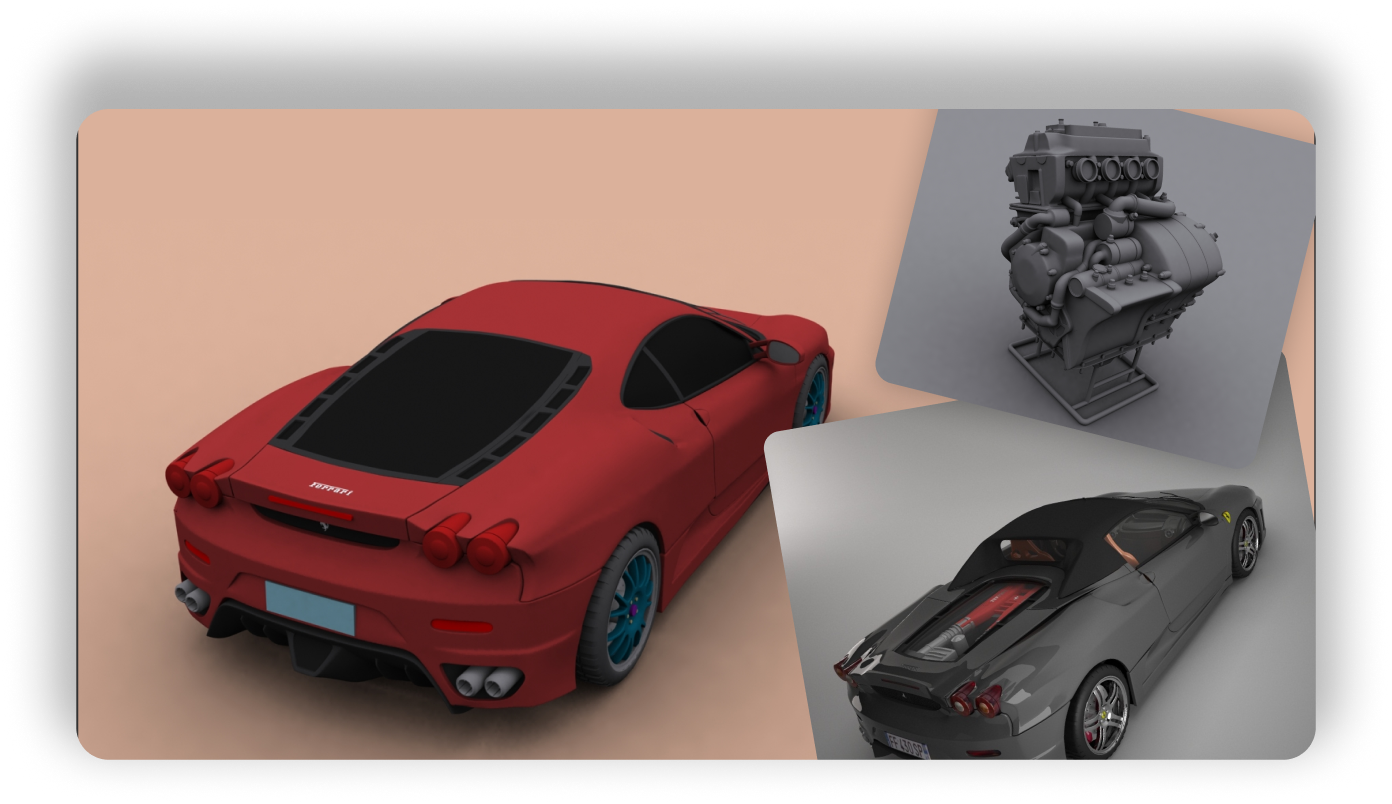 3D vehicle modeling presentation featuring a red Ferrari sports car, a detailed mechanical engine block, and a high-poly convertible car with visible interior and engine detailing. Showcases hard-surface modeling techniques and automotive design precision.