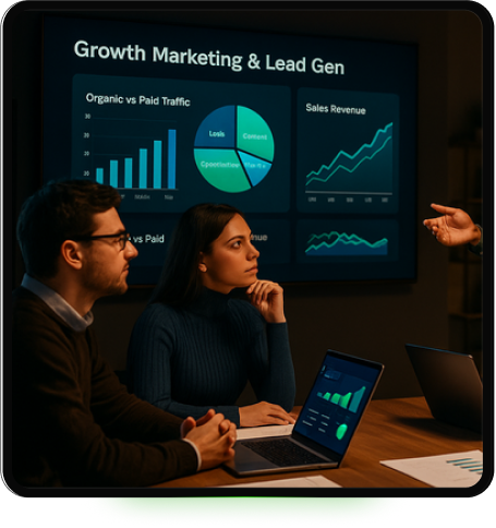 MarQ growth team reviewing organic traffic, sales metrics, and funnel data to optimize lead gen