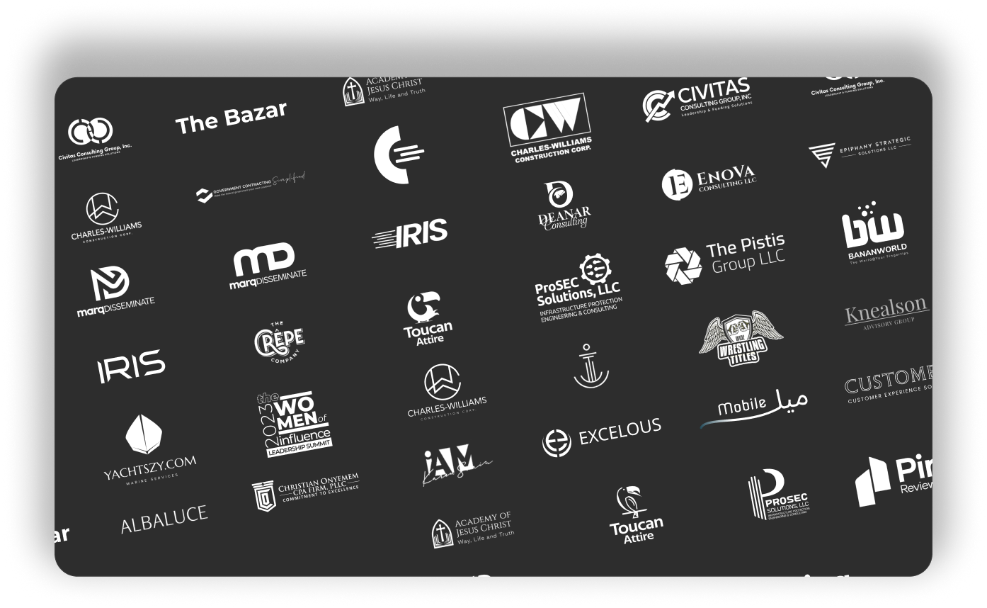 Collage of client logos featured on a dark background, including branding from businesses such as The Bazar, Charles Williams, Enova, The Pistis Group LLC, Toucan Atlus, and IRIS. Showcasing a diverse portfolio of service-based and corporate clients.