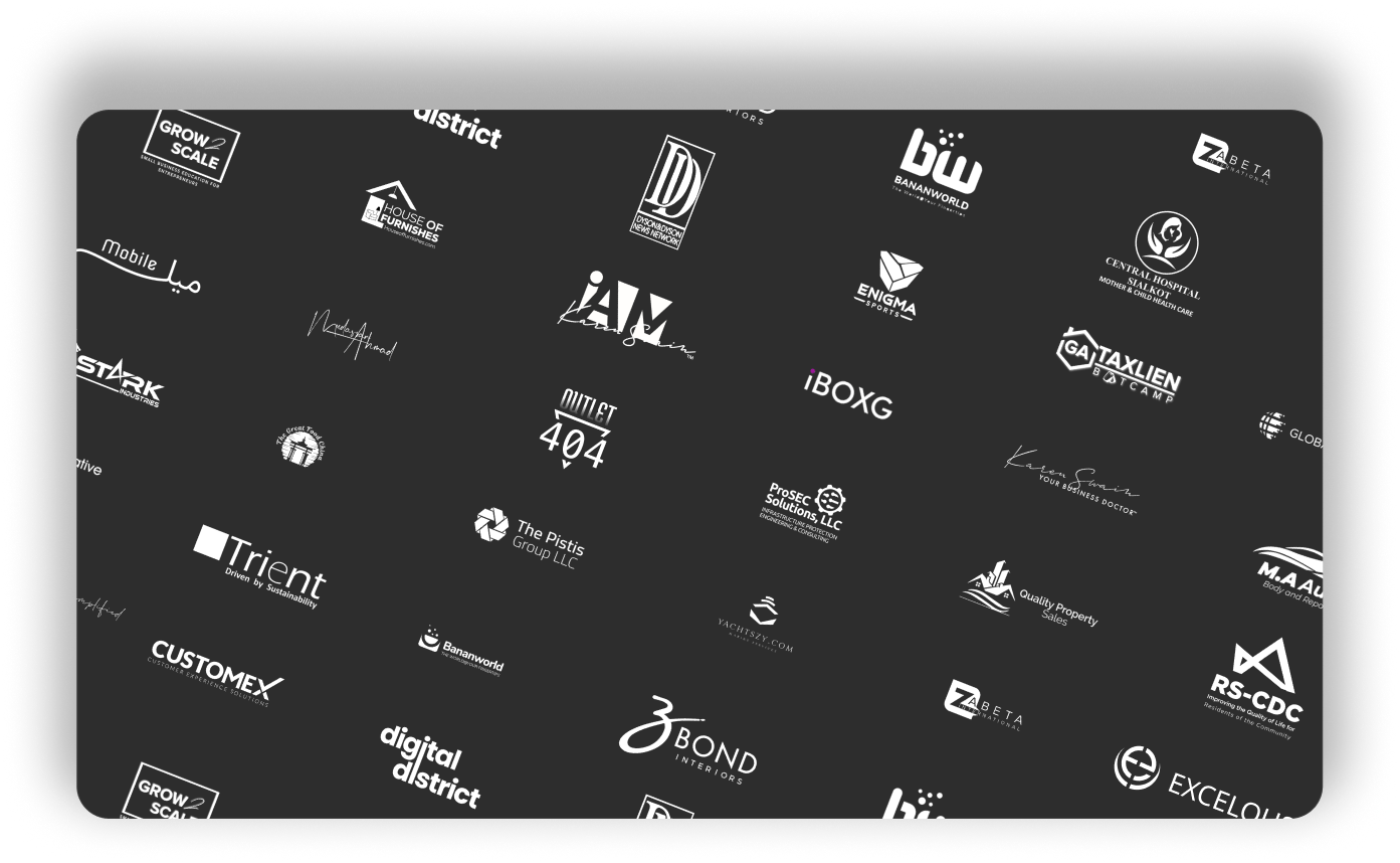 Dark background collage of client logos representing businesses like Trient, Customex, Digital District, iBoxG, The Pistis Group LLC, RS-CDC, and Bond Gallery. A visual portfolio of trusted brand collaborations and design clients.