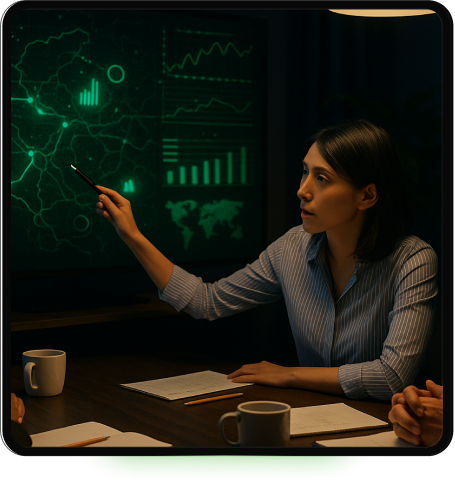 Strategic team aligning goals and roadmaps using live dashboards and execution metrics