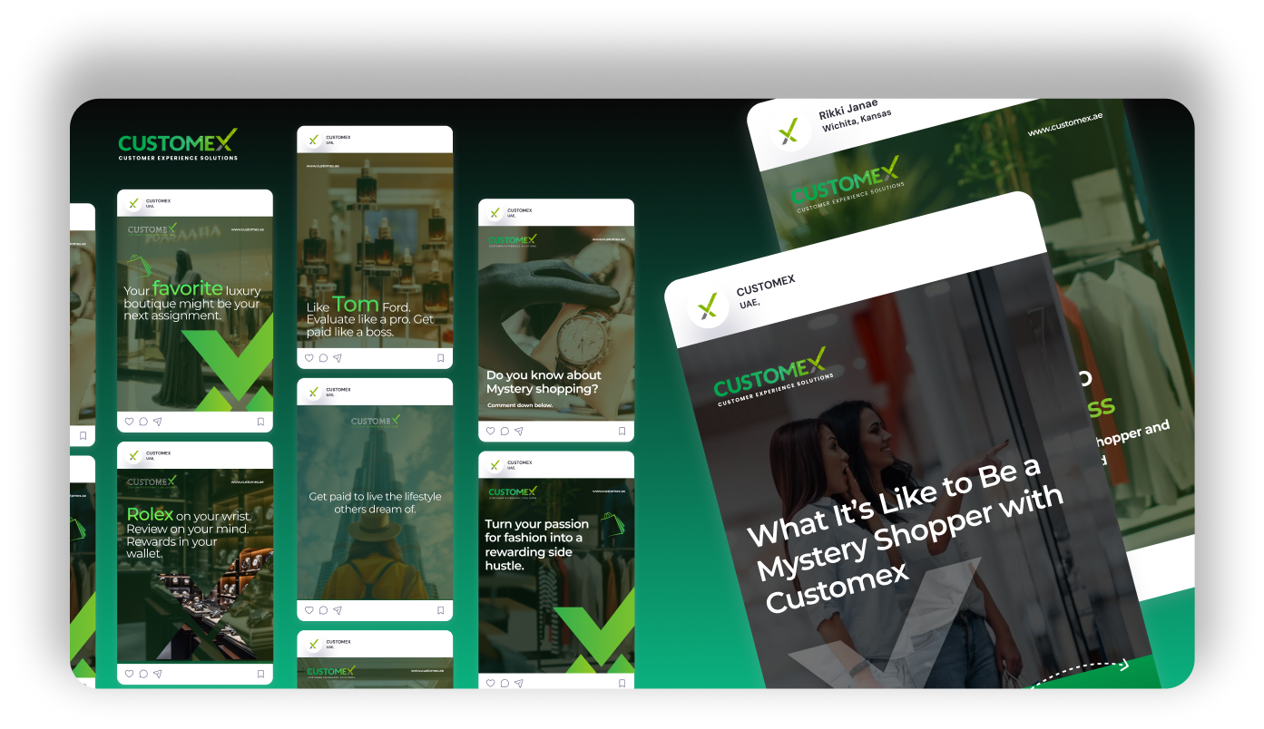 Social media mockups featuring Customex’s mystery shopping campaigns. The image shows multiple Instagram post previews with luxury brand references, lifestyle imagery, and slogans like 'Get paid to live the lifestyle others dream of' and 'What it’s like to be a Mystery Shopper with Customex.' Dominant colors are green and black with bold modern design.