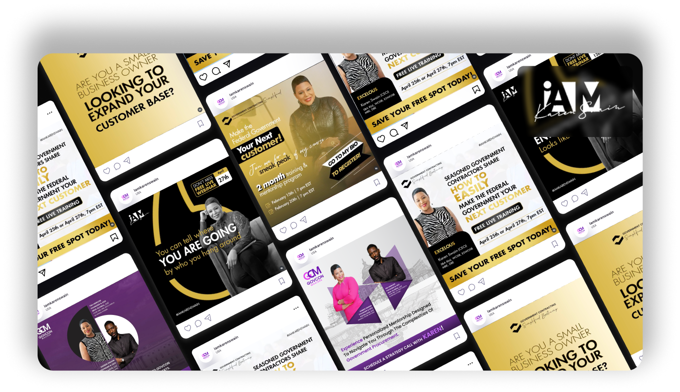 Collage of Instagram post designs promoting small business growth programs, led by IAmShan and CCM, focusing on customer base expansion and government contracting. Central visuals feature confident Black women and men in business attire with bold, contrasting text such as 'You are going to grow,' 'Save your free spot today,' and 'How to win federal government customers.' Color scheme includes gold, black, purple, and white with strong typographic design.